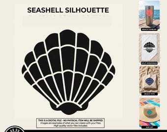 May include: A digital design file featuring a black seashell silhouette graphic with the text "CREATIVE WAYS TO USE MY DESIGN FILES" and "SEASHELL SILHOUETTE". Examples show the design on a beach tumbler, towel, tote bag, and sun hat.