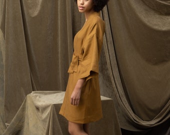 005 - Hand-Made Organic Mustard Linen Kimono Robe