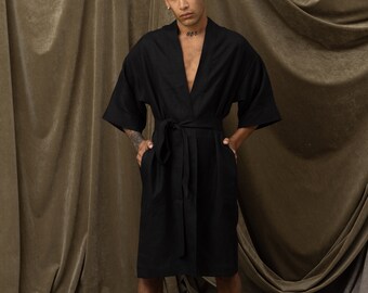 002 - Hand-Made Organic Black Linen Kimono Robe