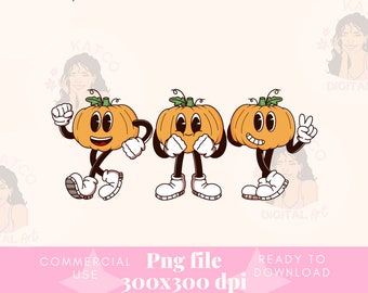 Retro Kürbisse, Herbst Png, trendiges Halloween Design, Clipart, digitaler Download, Kürbis Png, Sublimationsdesign, groovy Png, Vintage Maskottchen Png