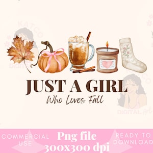 K&ouml;nnte beinhalten: Eine Aquarell-Illustration von Herbst-Motiven, darunter ein K&uuml;rbis, eine Tasse Kaffee, eine Kerze und eine Socke. Der Text "JUST A GIRL Who Loves Fall" steht unter den Motiven.