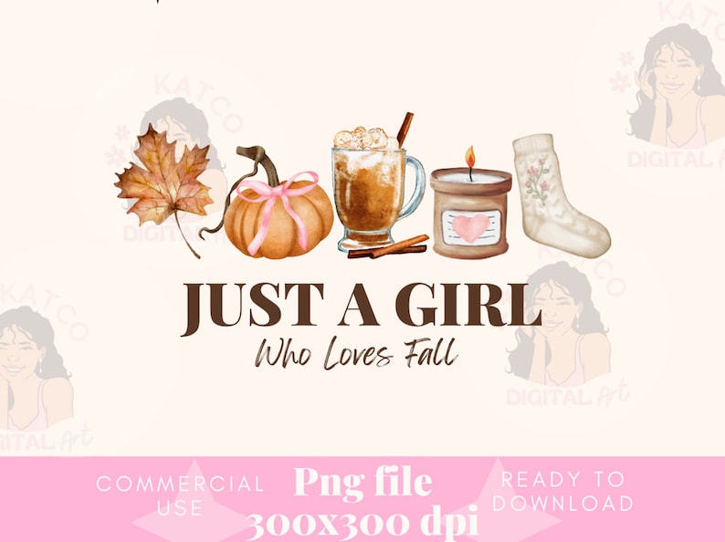 K&ouml;nnte beinhalten: Eine Aquarell-Illustration von Herbst-Motiven, darunter ein K&uuml;rbis, eine Tasse Kaffee, eine Kerze und eine Socke. Der Text "JUST A GIRL Who Loves Fall" steht unter den Motiven.
