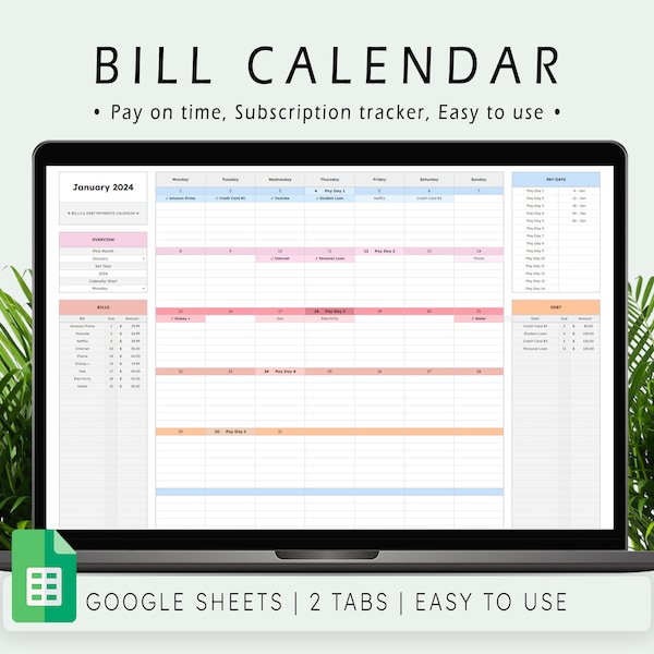 Bill Tracker-Kalkulationstabelle, Google Sheets Rechnungskalender, monatlicher Rechnungsplaner, Rechnungszahlungs-Dashboard, persönliche Finanzen, Finanzplaner