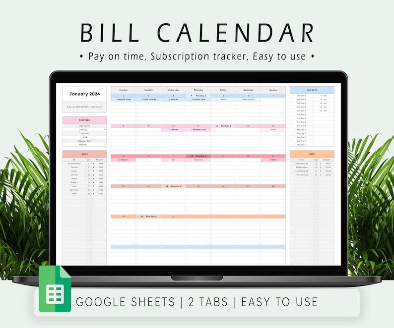 Bill Tracker Spreadsheet, Google Sheets Bill Calendar, Monthly Bill Planner, Bill Payment Dashboard, Personal Finance, Financial Planner image 1