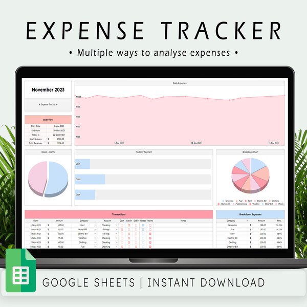 Expense Tracker Spreadsheet Template for Google Sheets, Expense Tracker Template, Personal Finance Planner, Spending Tracker, Budget Tracker