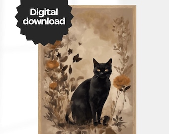 Stampa artistica da parete con gatto nero – Download digitale in PDF – Decorazione gotica di Halloween – Illustrazione mistica di un gatto stregone con farfalle e fiori