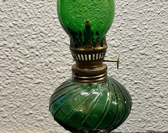 Emerald green glass hurricane oil lamp, vintage