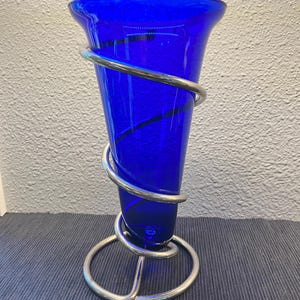 Cobalt blue glass vase in metal spiral holder, c. 1980s