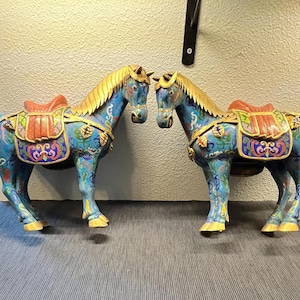 Mirrored pair of Chinese cloisonne horses, geometric design, c. 1960s