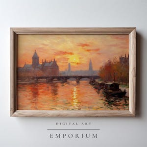 Paris River Sunset Print – Impressionist Digital Wall Art, Warm Pastel Cityscape Decor, Warm Evening Light Painting Digital Download