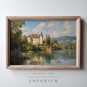 Vintage French Chateau Landscape Oil Painting / Spring Farmhouse Decor / Cottage Decor Countryside Wall Art / Printable Digital Download