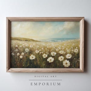 Coastal Wildflower Field Landscape Painting / Vintage Summer Print / Farmhouse Spring Wall Art / Floral Cottage Decor Digital Download