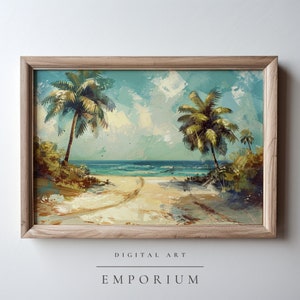 Vintage Tropical Beach Oil Painting / Palm Tree Beach / Farmhouse Decor Printable / Cottage Decor Wall Art / Printable Digital Download