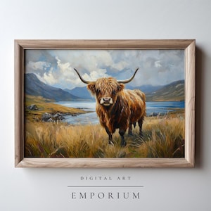 Highland Cow Scottish Landscape Oil Painting / Farmhouse Decor Printable / Cottage Decor Countryside Art / Printable Digital Download