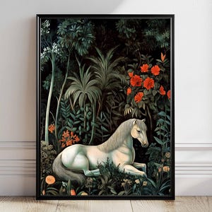Weißes Pferd im Wald Gemälde Premium Matte Poster, Wildes Pferd im Wald Druck, Botanischer Wald Gemälde