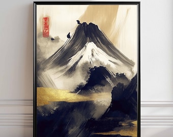 Asian Mountain Landscape Wall Art – Japandi Style Oil Painting, Chinese Mountain Scene Art Print, Tranquil Nature Wall Decor