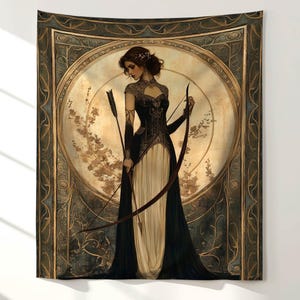 Goddess Artemis Wall Tapestry, Art Nouveau Spiritual Decor, Vintage Mythology Tapestry for Bedroom or Living Room, Divine Feminine Tapestry