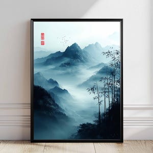 Chinese Ink Landscape Art Print – Zen Mountain Wall Decor, Traditional Asian Painting Poster, Minimalist Nature Wall Art