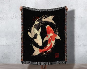 Japanische Koi Fisch gewebte Decke, Koi Fisch Wandteppich, asiatische Kunst Decke, Zen Wohnkultur Geschenk, ruhige japanische Decke