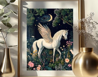 ペガサスアート - 空飛ぶ馬のプリント、レトロな色のペガサスの