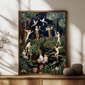 May include: A framed wall art print depicting a dark, nocturnal forest scene with multiple winged figures and mermaids near a pond. The illustration features deep blues, greens, and earthy tones, with glowing golden orbs, lily pads, and flowers.