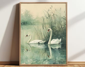 Arte imprimible de cisne vintage, elegante decoración de pared de cisne, póster con impresión de cisne antiguo, descarga digital de obra de arte del lago de los cisnes