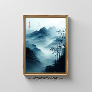 Chinese inkt landschap afdrukbare kunst – minimalistische Zen Ink Wash schilderij, Misty Mountain Asian Wall Decor, rustige natuur digitale download