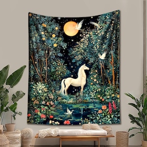 Medieval Horse Wall Tapestry – Equestrian Nature Art for Bedroom, Fantasy Wildlife Fabric Wall Hanging, Horse Lover Gift