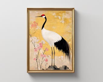 日本の鶴の水彩画アートプリント：モダンな鳥の水彩画 / ミニマリスト