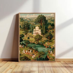 May include: A framed print of a serene landscape featuring a white domed building, likely a temple or palace, surrounded by lush greenery, a river, and figures. The artwork has a vintage aesthetic with soft colors and a sense of tranquility.