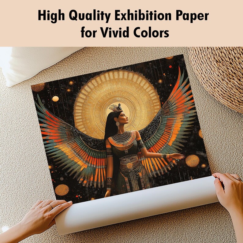 May include: A rolled print with a detailed illustration of a woman with large, colourful wings, set against a dark background with a golden sunburst design. The text "High Quality Exhibition Paper for Vivid Colors" is at the top.