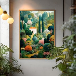 Pu&ograve; includere: Una stampa artistica incorniciata raffigurante una vivace scena di giardino. L'opera presenta un edificio bianco immerso in una vegetazione lussureggiante, tra cui vari alberi e cespugli colorati. La tavolozza dei colori include sfumature di verde, arancione, rosa e blu.