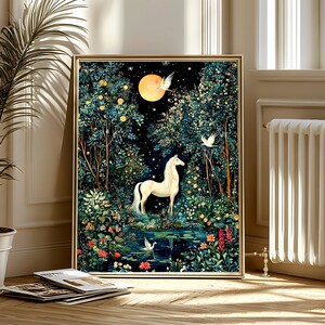 May include: A framed wall art print featuring a white horse standing in a dark, lush forest at night. A large yellow moon hangs in the sky above the horse, surrounded by dense green foliage, colorful flowers, and white birds near a pond.