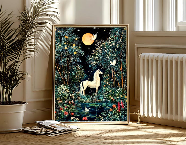 May include: A framed wall art print featuring a white horse standing in a dark, lush forest at night. A large yellow moon hangs in the sky above the horse, surrounded by dense green foliage, colorful flowers, and white birds near a pond.