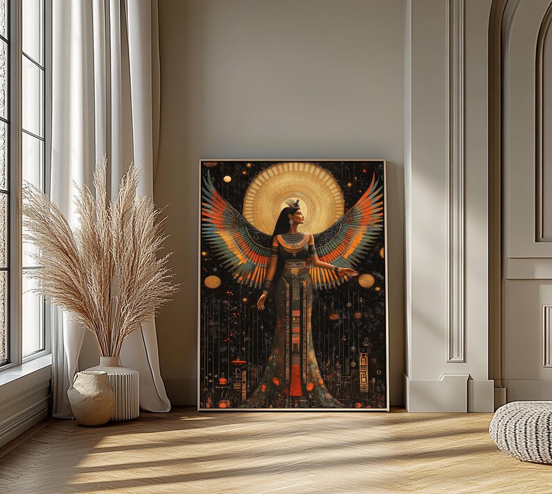 May include: A framed art print depicting a woman with large, colourful wings, set against a dark background with a golden halo. The woman wears an ornate dress and a crown. The artwork evokes a sense of ancient mythology and is rich in detail.
