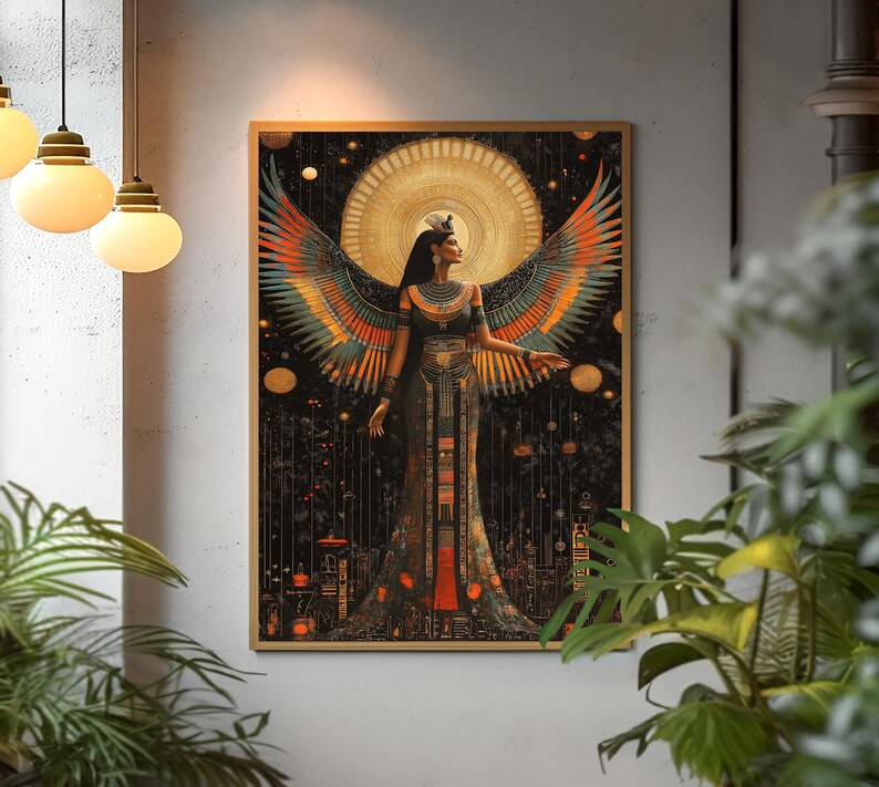May include: A framed art print depicting a woman with large, colourful wings. The artwork shows a figure in an ornate gown, set against a dark background with a golden halo. The colour palette includes gold, orange, and black.