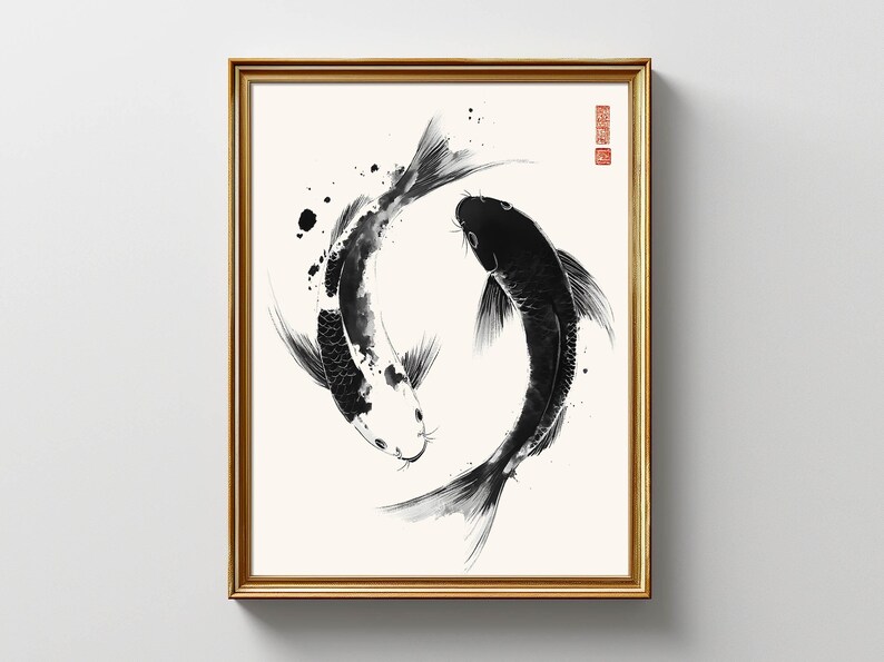 May include: Black and white ink painting of two koi fish swimming in a circle. The fish are stylized and have a minimalist design.