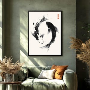 May include: Black and white ink painting of two koi fish swimming in a circle. The painting is on a white background and is framed in a black frame.