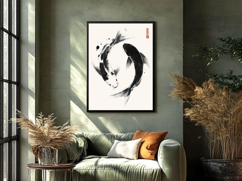May include: Black and white ink painting of two koi fish swimming in a circle. The painting is on a white background and is framed in a black frame.