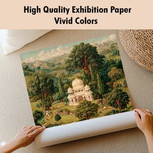 May include: A rolled-up art print featuring a detailed landscape with a white domed building, lush green trees, and figures. The print is labeled "High Quality Exhibition Paper Vivid Colors."