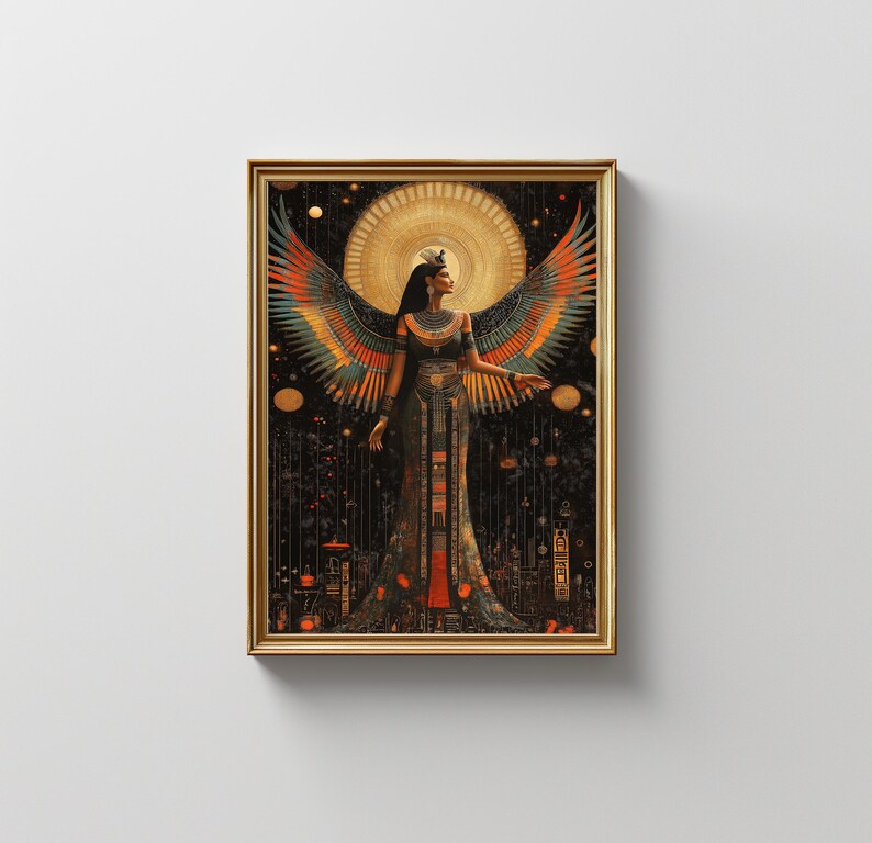 May include: Framed artwork depicting an Egyptian-inspired figure with large, colourful wings. The figure wears a detailed gown and jewellery, set against a dark, starry background with golden accents. The artwork is enclosed in a gold frame.