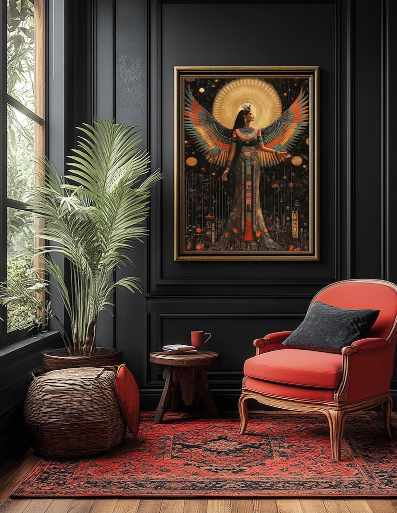 May include: A framed artwork featuring a figure with large, colourful wings, set against a golden sun and celestial elements. The artwork is displayed in a room with a red rug, a red armchair, and a potted plant.