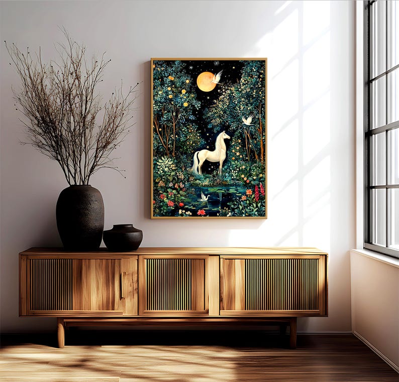 May include: A framed vertical wall art print depicting a white horse standing in a lush, dark forest at night under a glowing yellow moon. The scene includes a small pond, white birds, and colorful flowers, all rendered in a detailed, illustrative style.
