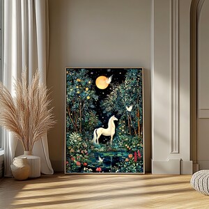 Horse and Magical Forest Poster, White Horse Artwork, Surreal Nature Landcape, Wild Horse Painting image 4
