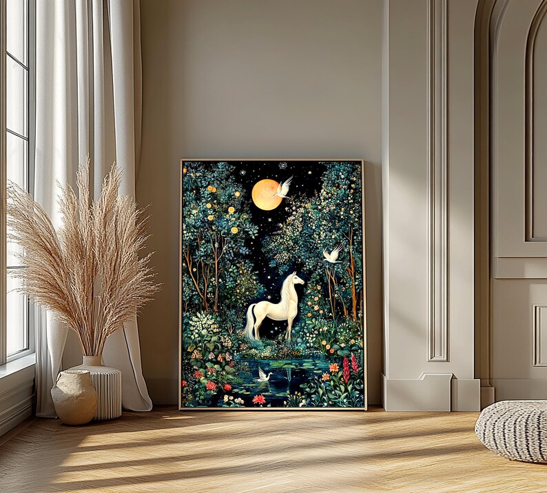 Horse and Magical Forest Poster, White Horse Artwork, Surreal Nature Landcape, Wild Horse Painting image 4