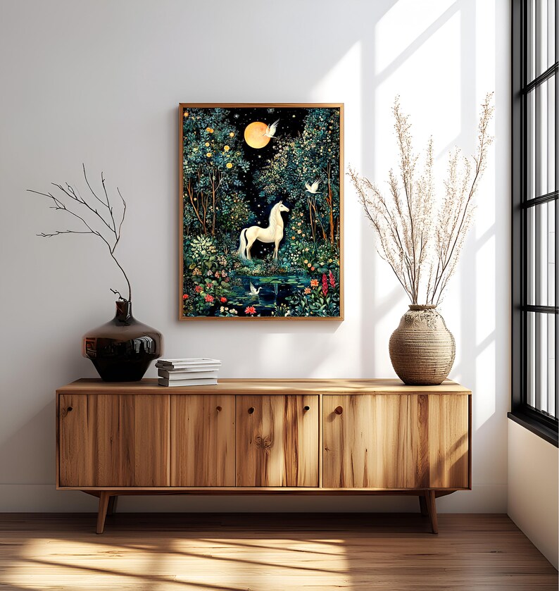 May include: A framed rectangular wall art print featuring a white horse standing in a dark, lush forest at night. The scene includes a bright yellow moon, glowing stars, and white birds flying among dense green trees, colorful flowers, and a pond.