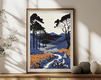 Träsnitt Landskapstryck, Traditionell Träblockskonst, Natur Linoleumtryck Poster