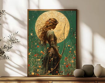 Artemis Goddess Art Print, Greek Mythology Wall Decor,  Divine Feminine Hunting Deity Poster