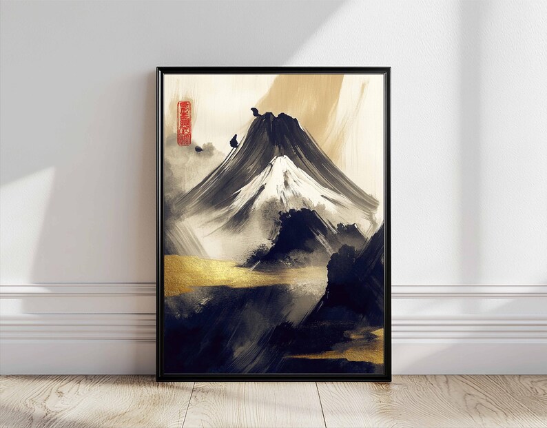 Asian Mountain Landscape Wall Art – Japandi Style Oil Painting, Chinese ...