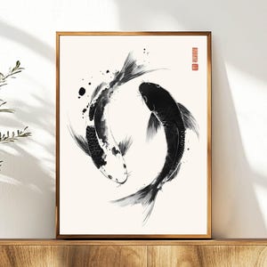 May include: Black and white ink painting of two koi fish swimming in a circle. The fish are stylized and have a minimalist design.